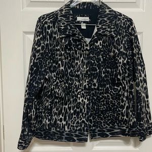 Lucy and Laurel; Black, white and grey animal print jean jacket; size 2x
